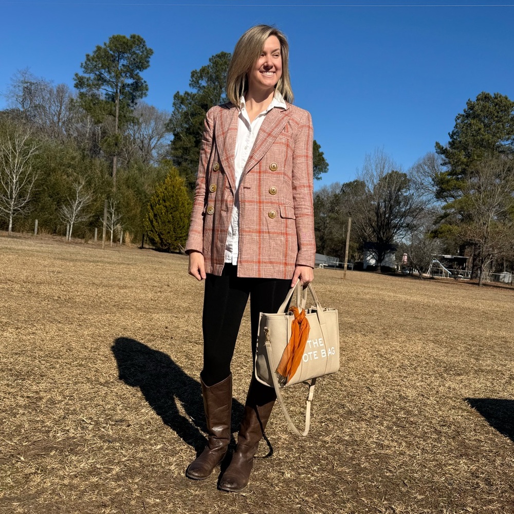 Free People Emily Plaid Yarn Dyed Blazer MSRP: $168 Size XS Orange Brown Linen